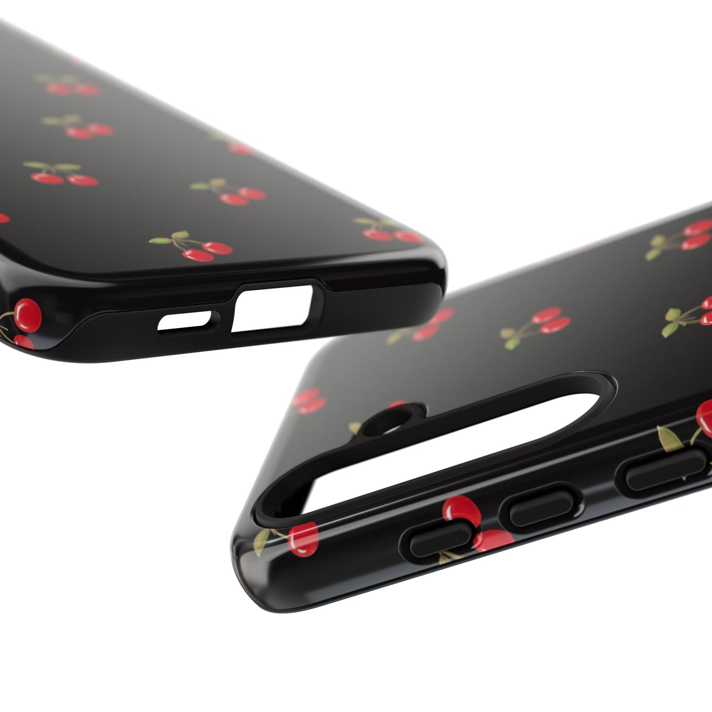 Cherry Pattern Phone Case — Slim Black Protective iPhone Case with Red Cherries for Iphone, Samsung Galaxy and Pixel