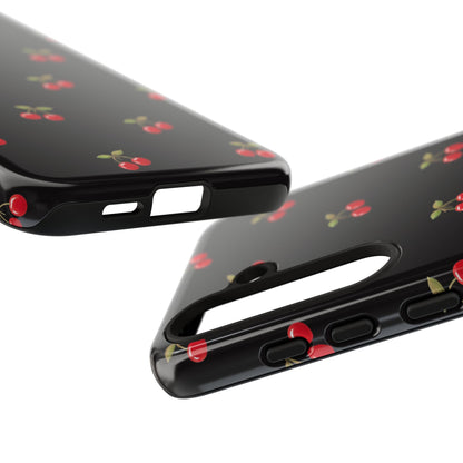 Cherry Pattern Phone Case — Slim Black Protective iPhone Case with Red Cherries for Iphone, Samsung Galaxy and Pixel