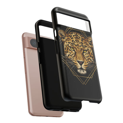 Leopard Head Geometric Phone Case – Black & Gold Luxe Tough Case