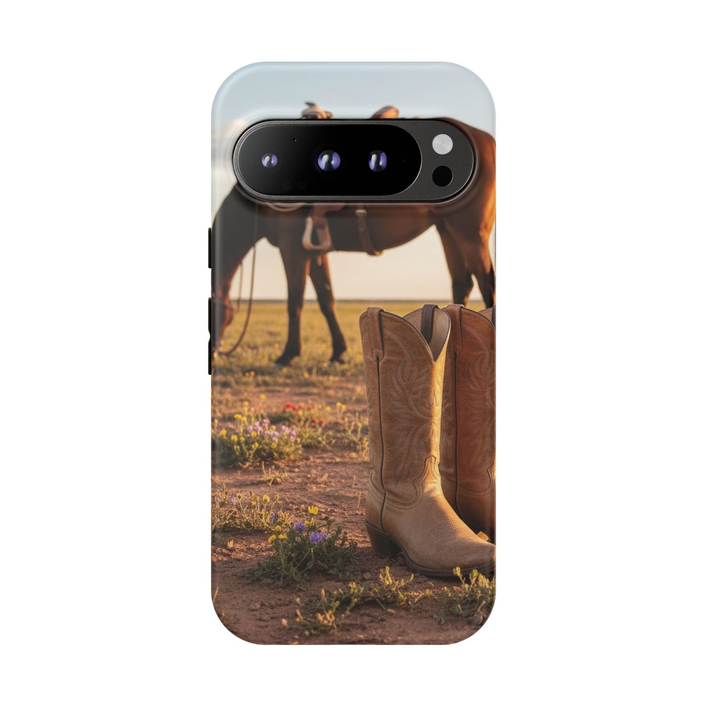 Western Cowboy Boots Phone Case – Rustic Horse Sunset Tough Case (iPhone, Samsung, Pixel)