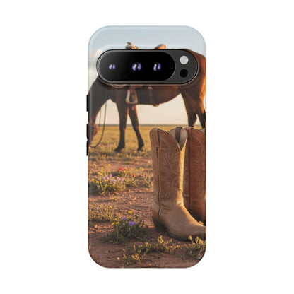 Western Cowboy Boots Phone Case – Rustic Horse Sunset Tough Case (iPhone, Samsung, Pixel)