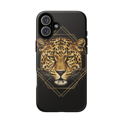 Leopard Head Geometric Phone Case – Black & Gold Luxe Tough Case