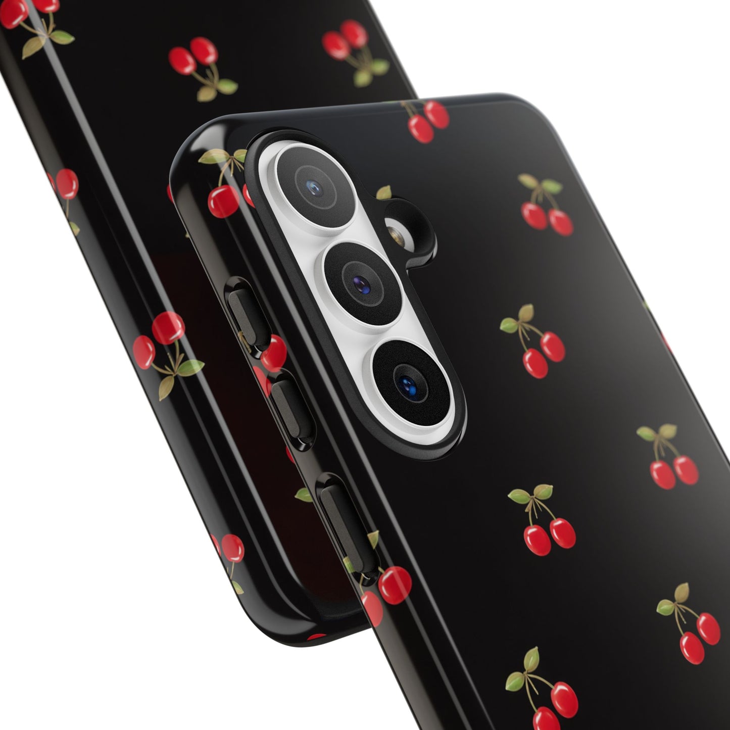 Cherry Pattern Phone Case — Slim Black Protective iPhone Case with Red Cherries for Iphone, Samsung Galaxy and Pixel