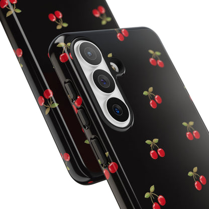 Cherry Pattern Phone Case — Slim Black Protective iPhone Case with Red Cherries for Iphone, Samsung Galaxy and Pixel