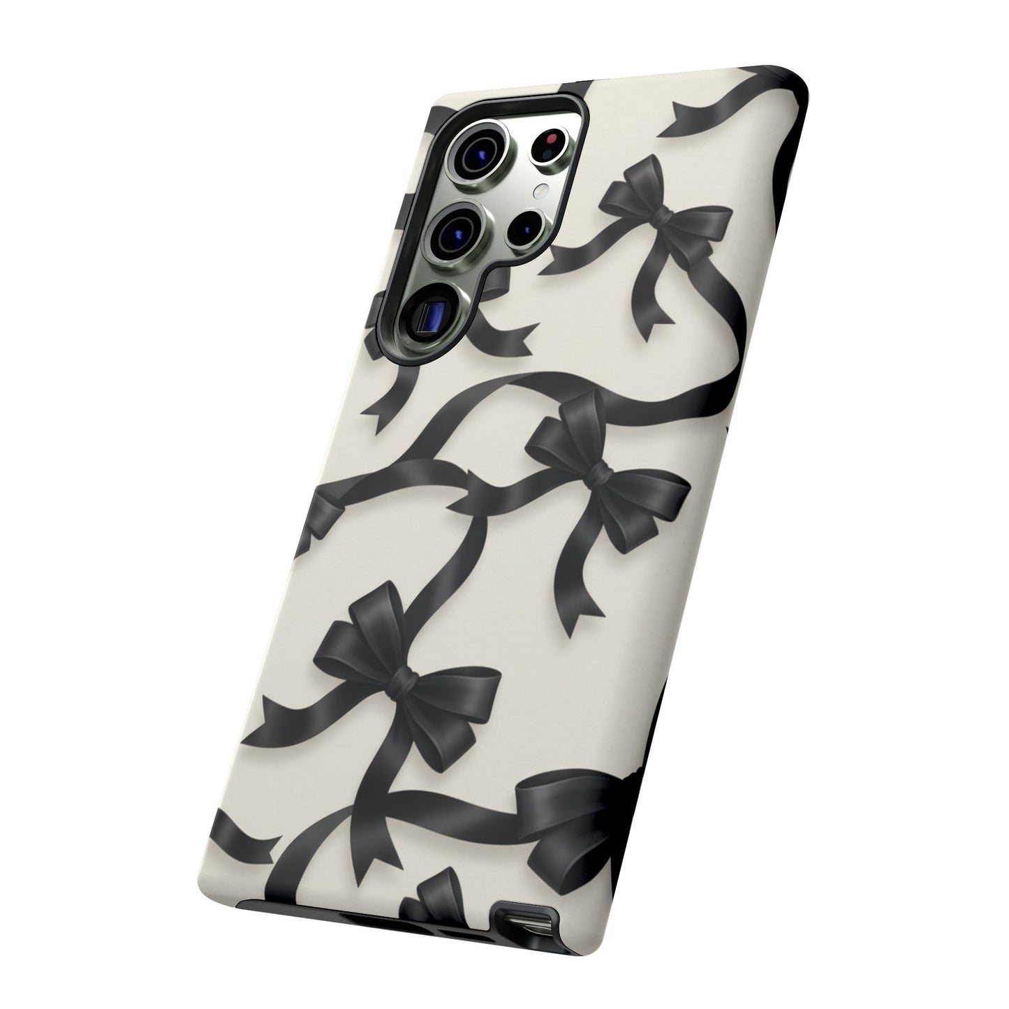 Black Ribbon Bow Phone Case, Minimal Bow Pattern Tough Protective Case