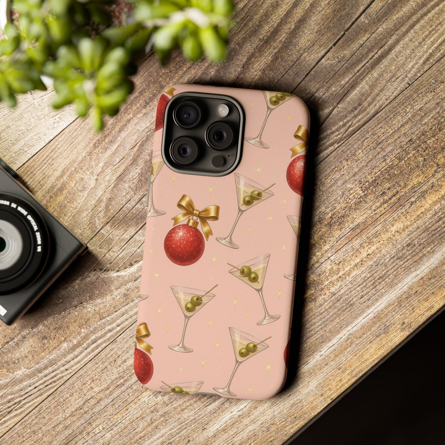 Cocktail Ornament Phone Case – Pink Martini & Cherry Pattern | Glossy or Matte for Iphone, Samsung Galaxy and Pixel