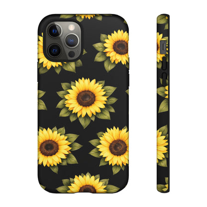 Sunflower Floral Tough Phone Case – Black Background Protective Cover for Iphone, Samsung Galaxy and Pixel