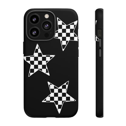 Checkered Star Tough Phone Case – Black Retro Graphic Protective Cover for Iphone, Samsung Galaxy and Pixel