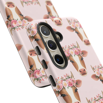 Floral Cow Phone Case – Cute Pink Cow Print Tough Protective Case for Iphone, Samsung Galaxy and Pixel