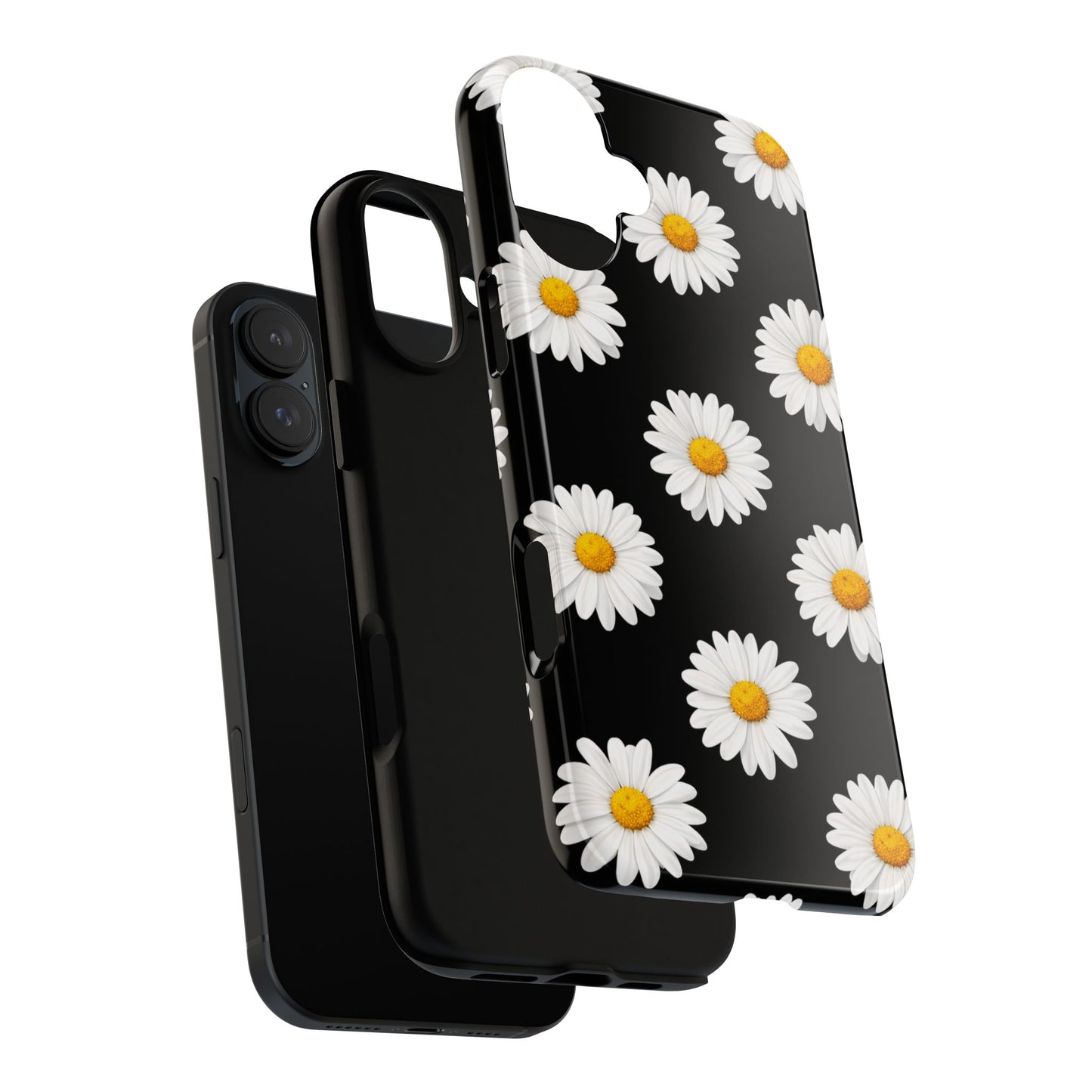 Black Daisy Floral Tough Phone Case – Cute Protective Cover for Iphone, Samsung Galaxy and Pixel