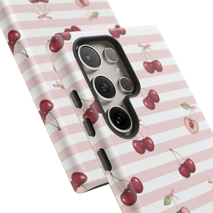 Pink Cherry Stripe Phone Case | Cute Coquette Aesthetic Protective Tough Case