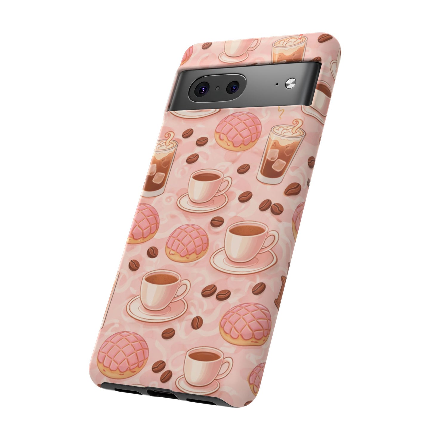 Cute Coffee & Pink Concha Phone Case – Coffee Lover Aesthetic Latte Pattern Tough Case