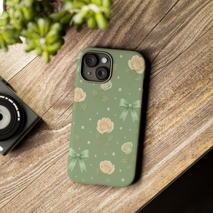 Vintage Rose Bow Phone Case – Sage Green Floral Coquette Aesthetic Tough Case (iPhone, Samsung, Pixel)