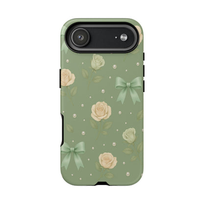 Vintage Rose Bow Phone Case – Sage Green Floral Coquette Aesthetic Tough Case (iPhone, Samsung, Pixel)