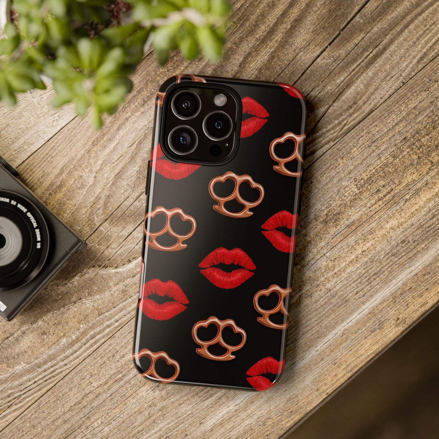 Red Lipstick & Knuckle Duster Phone Case | Bold Kiss Print Tough Protective Cover for Iphone, Samsung Galaxy and Pixel