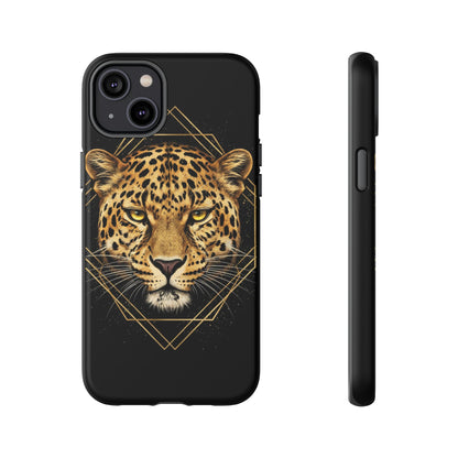 Leopard Head Geometric Phone Case – Black & Gold Luxe Tough Case