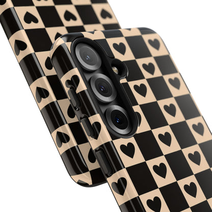 Checkerboard Heart Phone Case – Black & Beige Cute Aesthetic Protective Cover for Iphone, Samsung Galaxy and Pixel