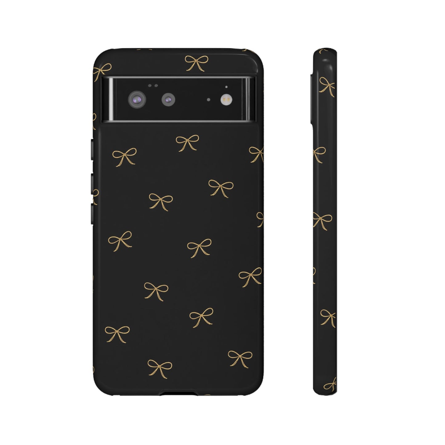 Black Phone Case with Gold Bow Pattern – Slim Protective Cute Aesthetic Cover for Iphone, Samsung Galaxy and Pixel