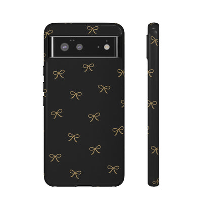 Black Phone Case with Gold Bow Pattern – Slim Protective Cute Aesthetic Cover for Iphone, Samsung Galaxy and Pixel