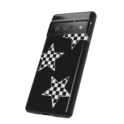Checkered Star Tough Phone Case – Black Retro Graphic Protective Cover for Iphone, Samsung Galaxy and Pixel
