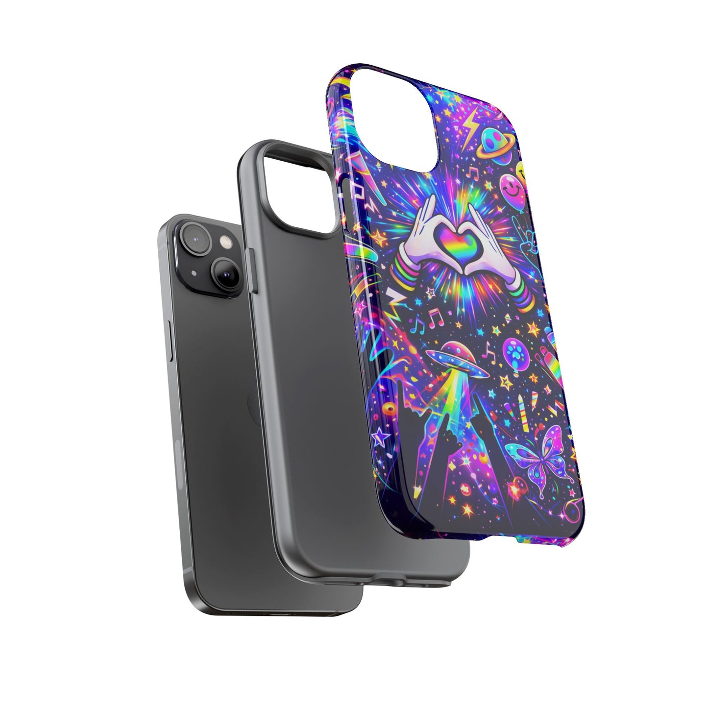 Rainbow Heart Hands Phone Case – Neon Galaxy EDM Festival Tough Cover