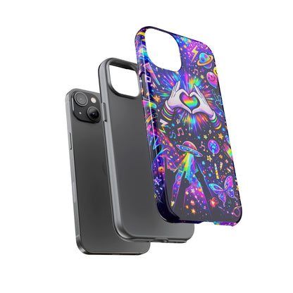 Rainbow Heart Hands Phone Case – Neon Galaxy EDM Festival Tough Cover