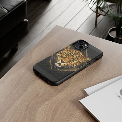 Leopard Head Geometric Phone Case – Black & Gold Luxe Tough Case