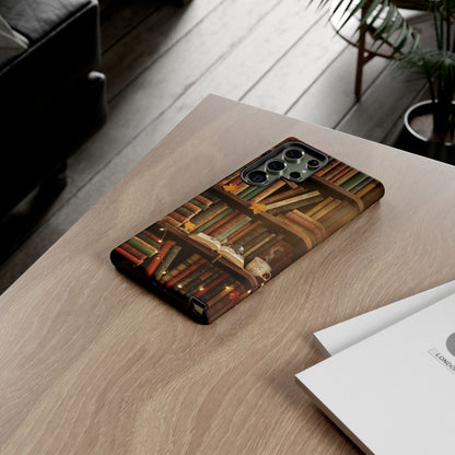Cozy Vintage Bookshelf Phone Case, Library Aesthetic Book Stack, Autumn Coffee Vibes (iPhone, Samsung, Pixel)