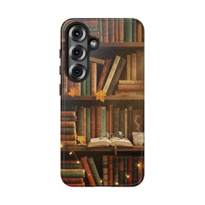 Cozy Vintage Bookshelf Phone Case, Library Aesthetic Book Stack, Autumn Coffee Vibes (iPhone, Samsung, Pixel)