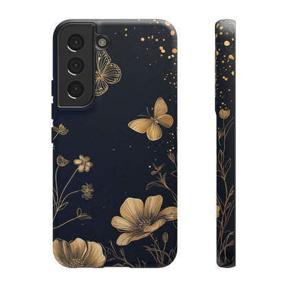 Gold Floral Butterfly Phone Case, Dark Aesthetic Botanical, Elegant Black Luxury iPhone Samsung Cover