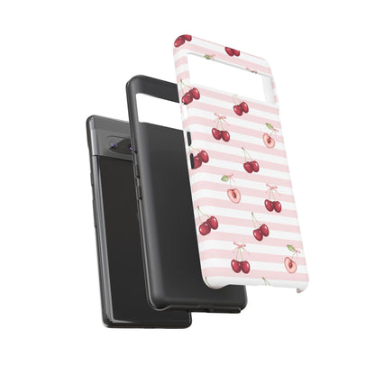 Pink Cherry Stripe Phone Case | Cute Coquette Aesthetic Protective Tough Case