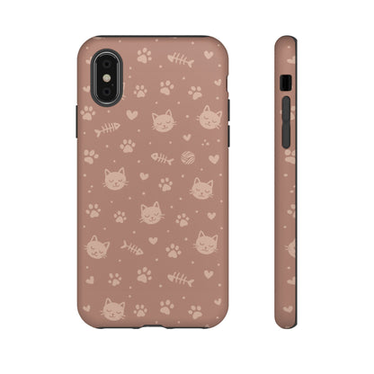 Cute Cat Pattern Phone Case | Paw Prints, Fishbone & Yarn Design Tough Case