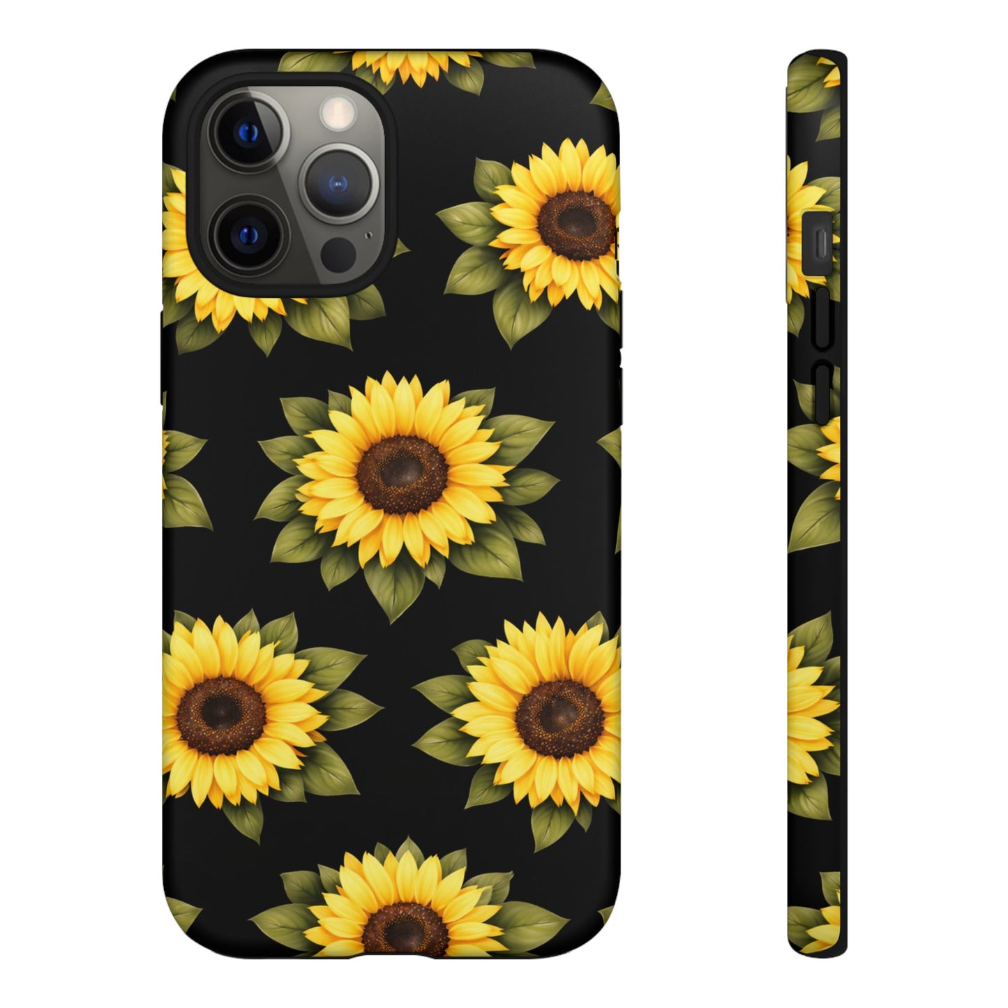 Sunflower Floral Tough Phone Case – Black Background Protective Cover for Iphone, Samsung Galaxy and Pixel