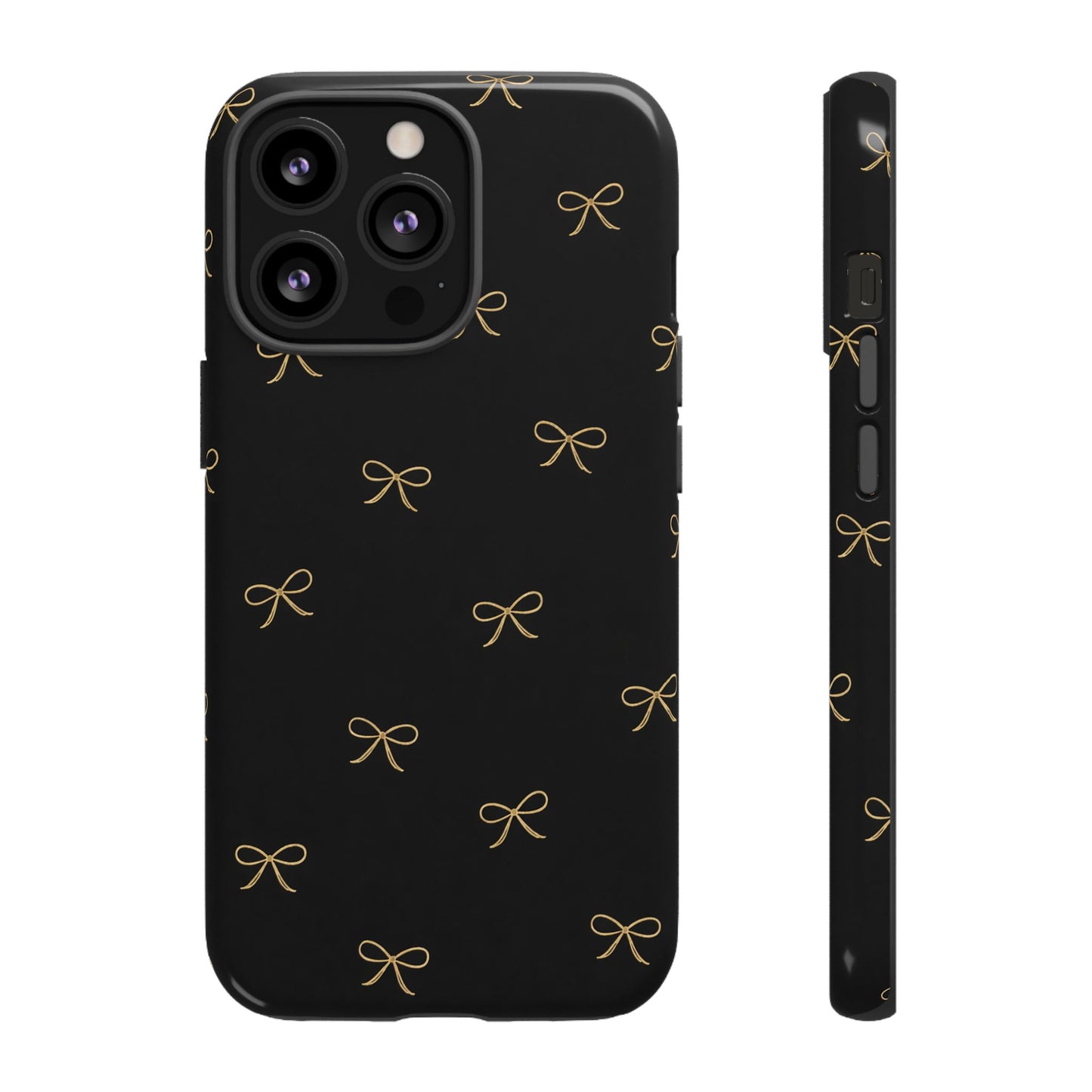 Black Phone Case with Gold Bow Pattern – Slim Protective Cute Aesthetic Cover for Iphone, Samsung Galaxy and Pixel