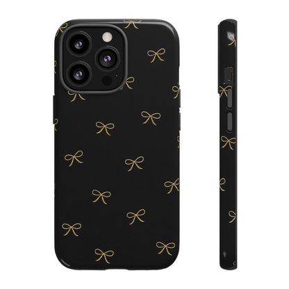 Black Phone Case with Gold Bow Pattern – Slim Protective Cute Aesthetic Cover for Iphone, Samsung Galaxy and Pixel