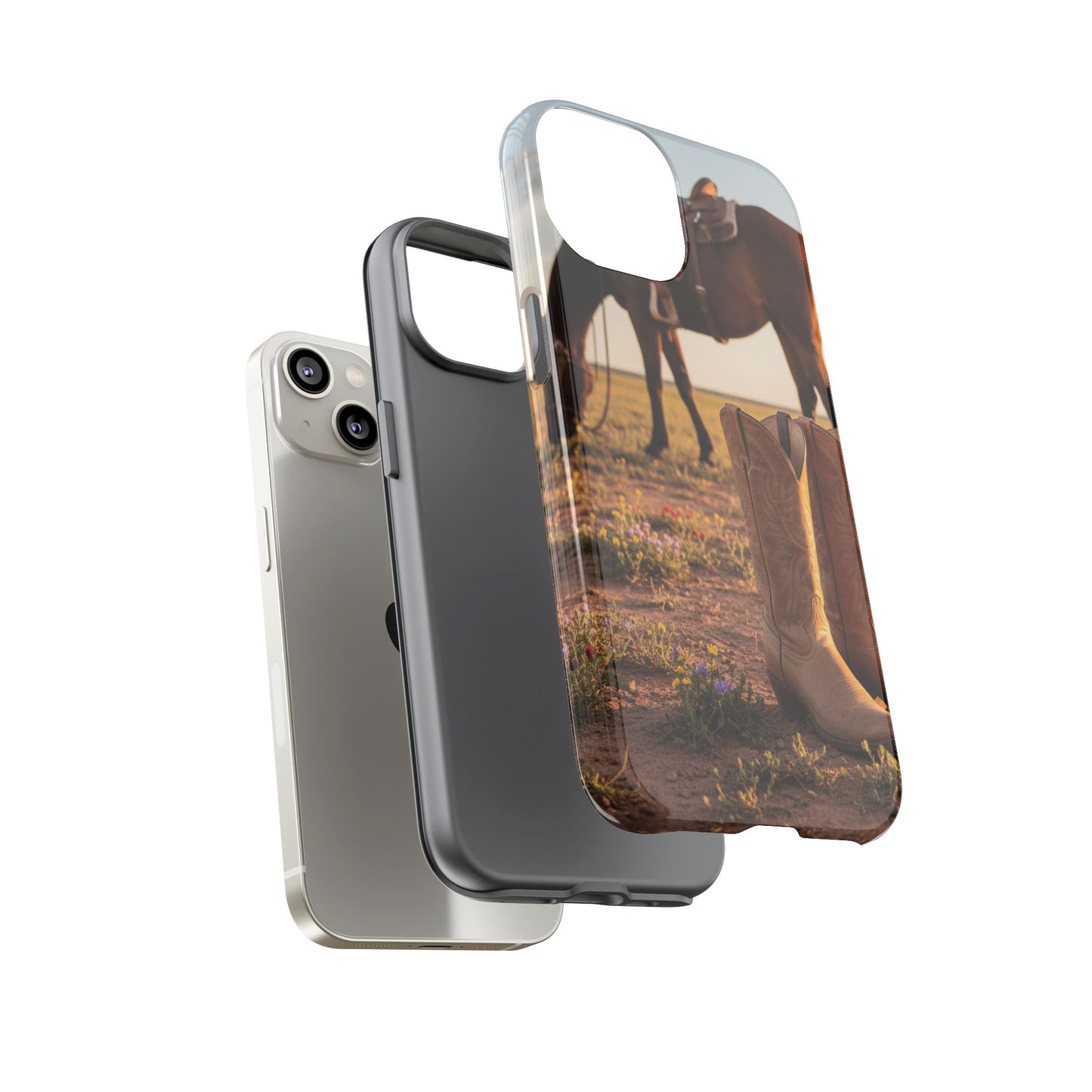 Western Cowboy Boots Phone Case – Rustic Horse Sunset Tough Case (iPhone, Samsung, Pixel)