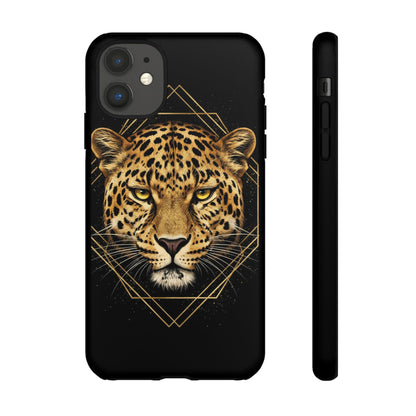 Leopard Head Geometric Phone Case – Black & Gold Luxe Tough Case