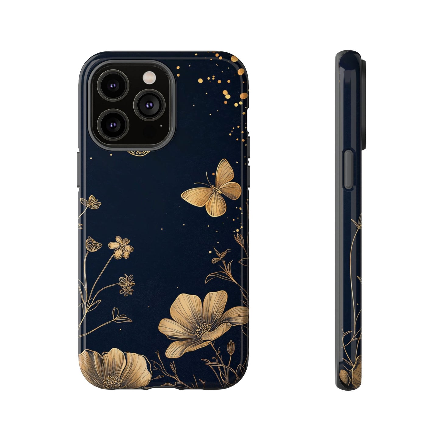Gold Floral Butterfly Phone Case, Dark Aesthetic Botanical, Elegant Black Luxury iPhone Samsung Cover