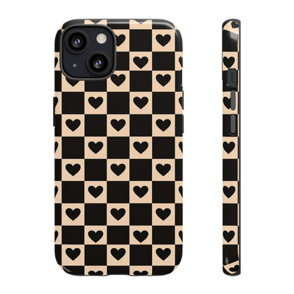 Checkerboard Heart Phone Case – Black & Beige Cute Aesthetic Protective Cover for Iphone, Samsung Galaxy and Pixel