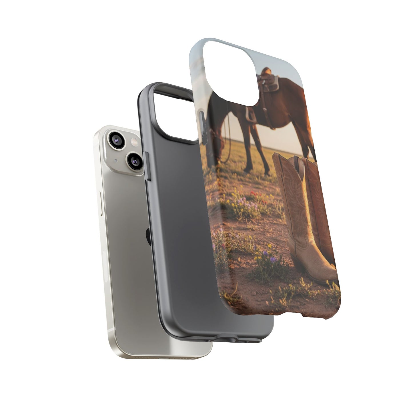 Western Cowboy Boots Phone Case – Rustic Horse Sunset Tough Case (iPhone, Samsung, Pixel)