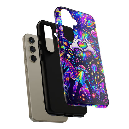 Rainbow Heart Hands Phone Case – Neon Galaxy EDM Festival Tough Cover