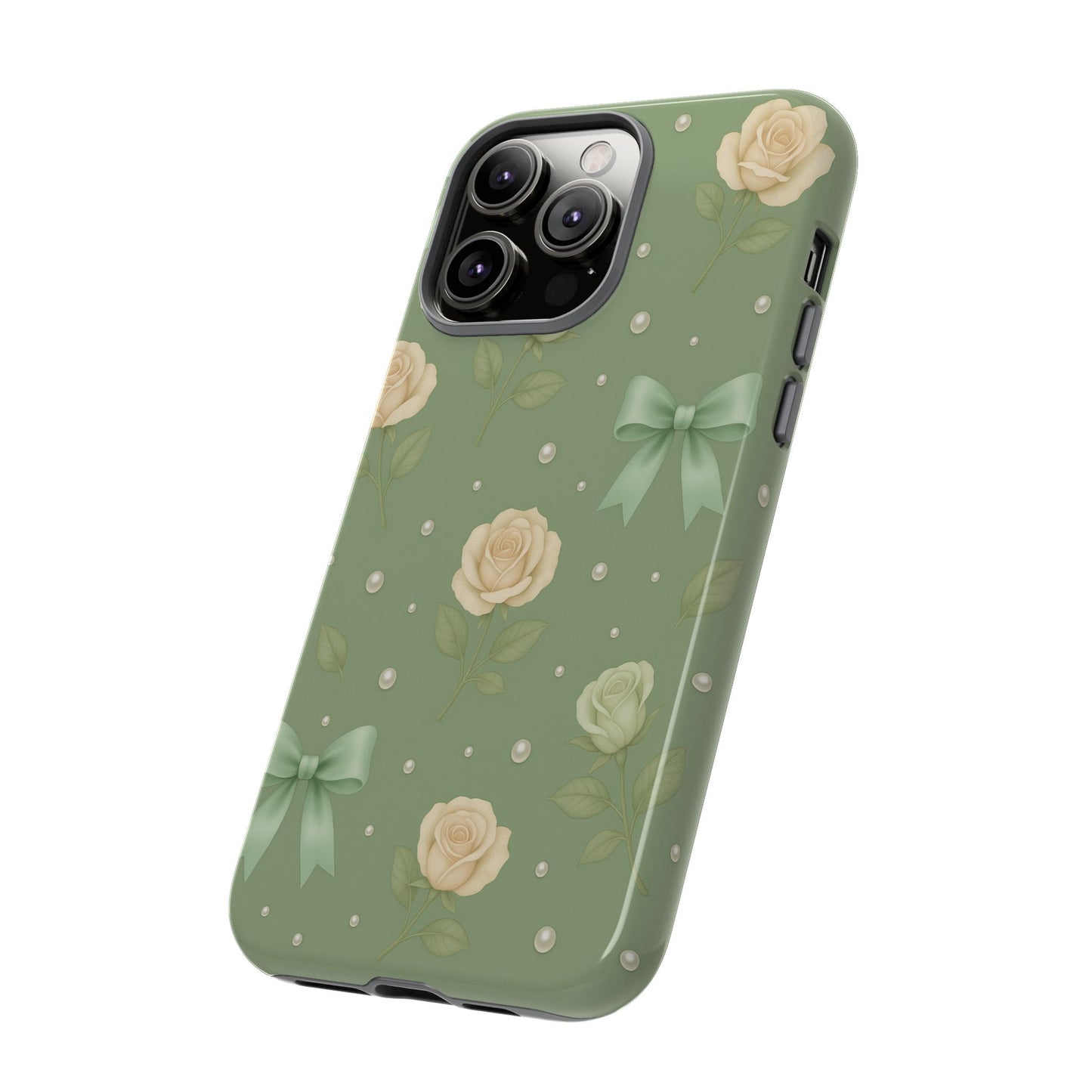 Vintage Rose Bow Phone Case – Sage Green Floral Coquette Aesthetic Tough Case (iPhone, Samsung, Pixel)