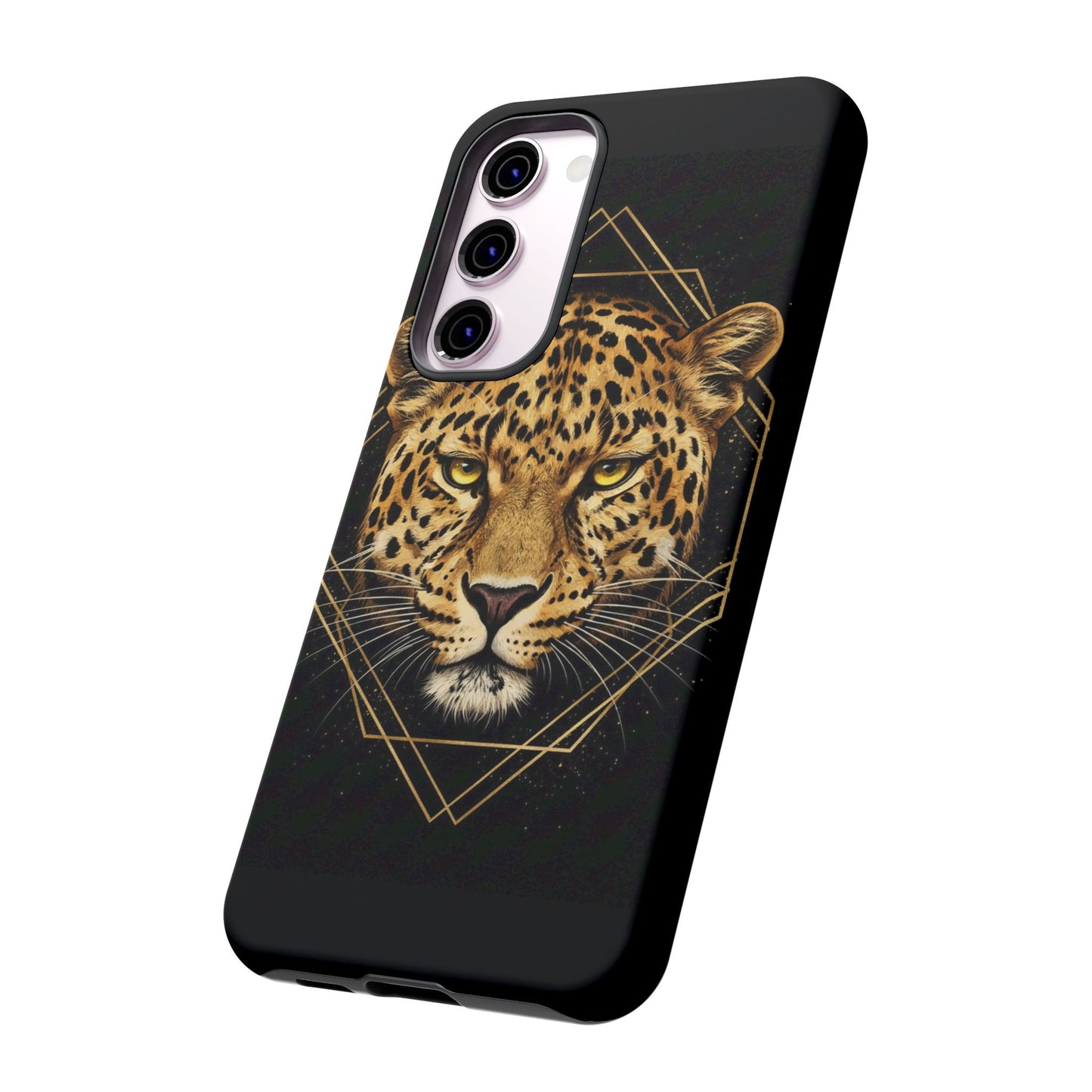 Leopard Head Geometric Phone Case – Black & Gold Luxe Tough Case