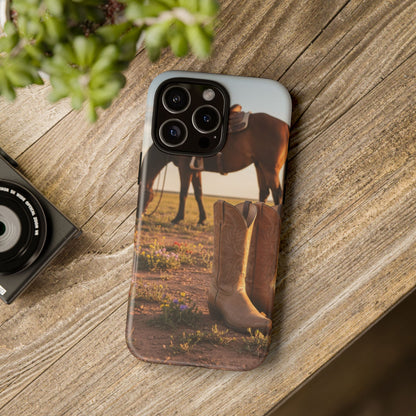 Western Cowboy Boots Phone Case – Rustic Horse Sunset Tough Case (iPhone, Samsung, Pixel)