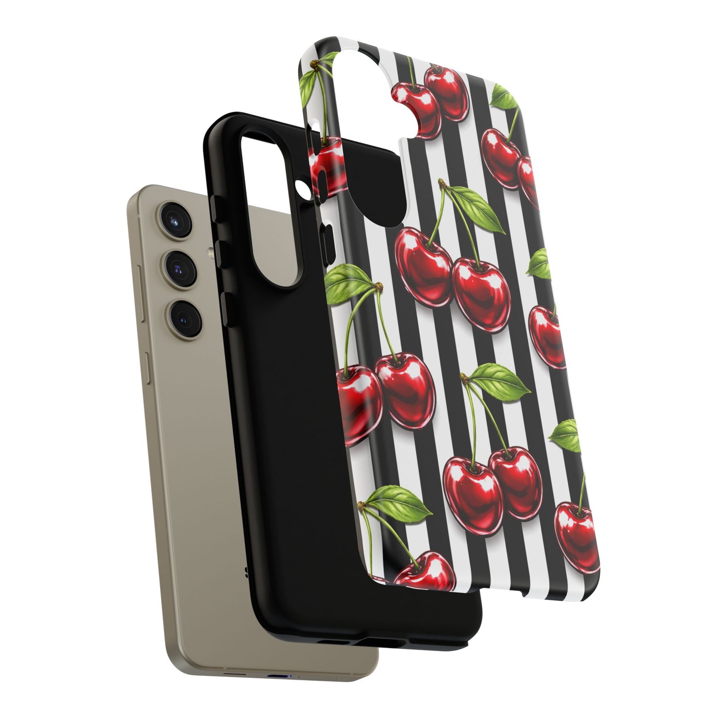 Cherry Pattern Phone Case Black White Stripe Retro Aesthetic Tough Cover