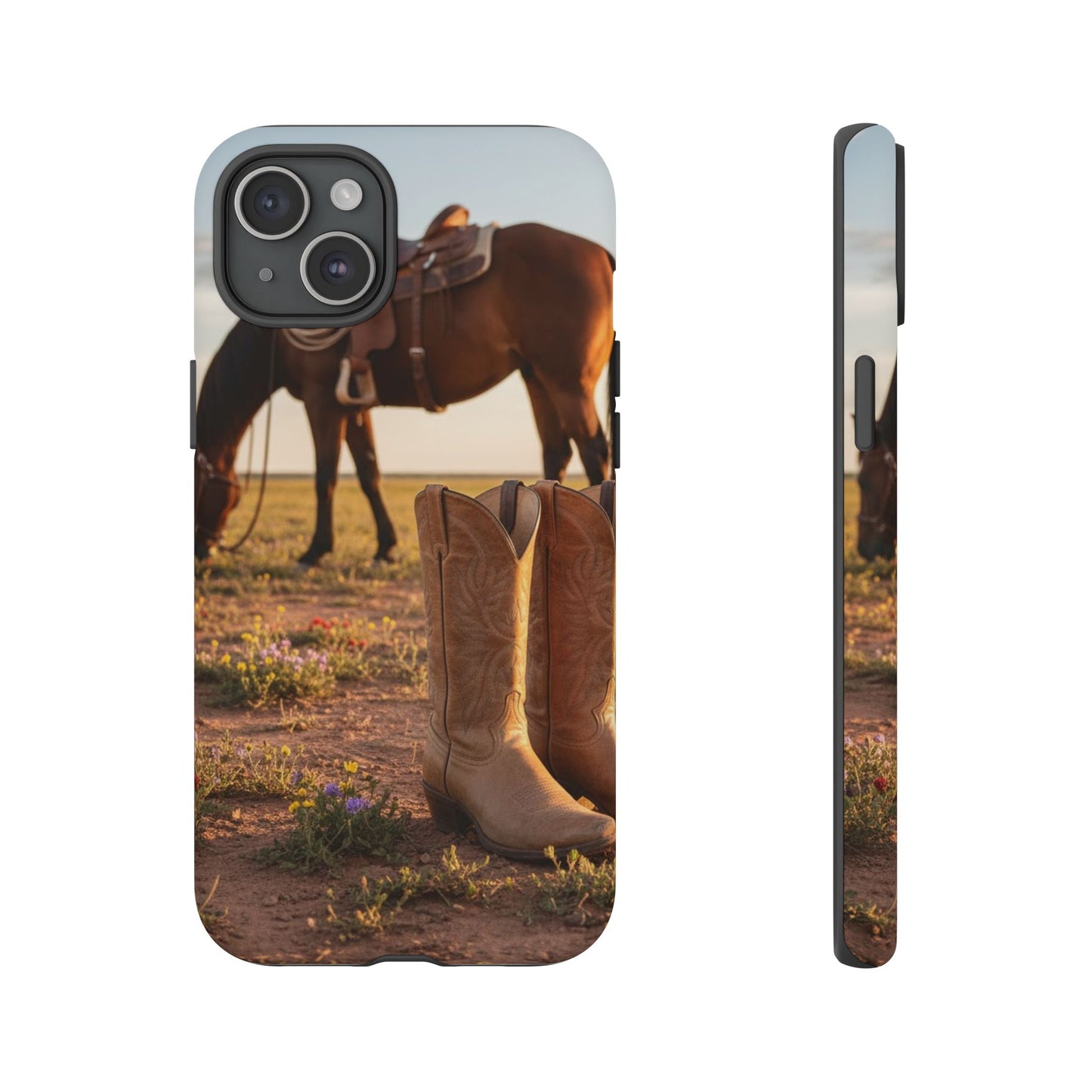 Western Cowboy Boots Phone Case – Rustic Horse Sunset Tough Case (iPhone, Samsung, Pixel)