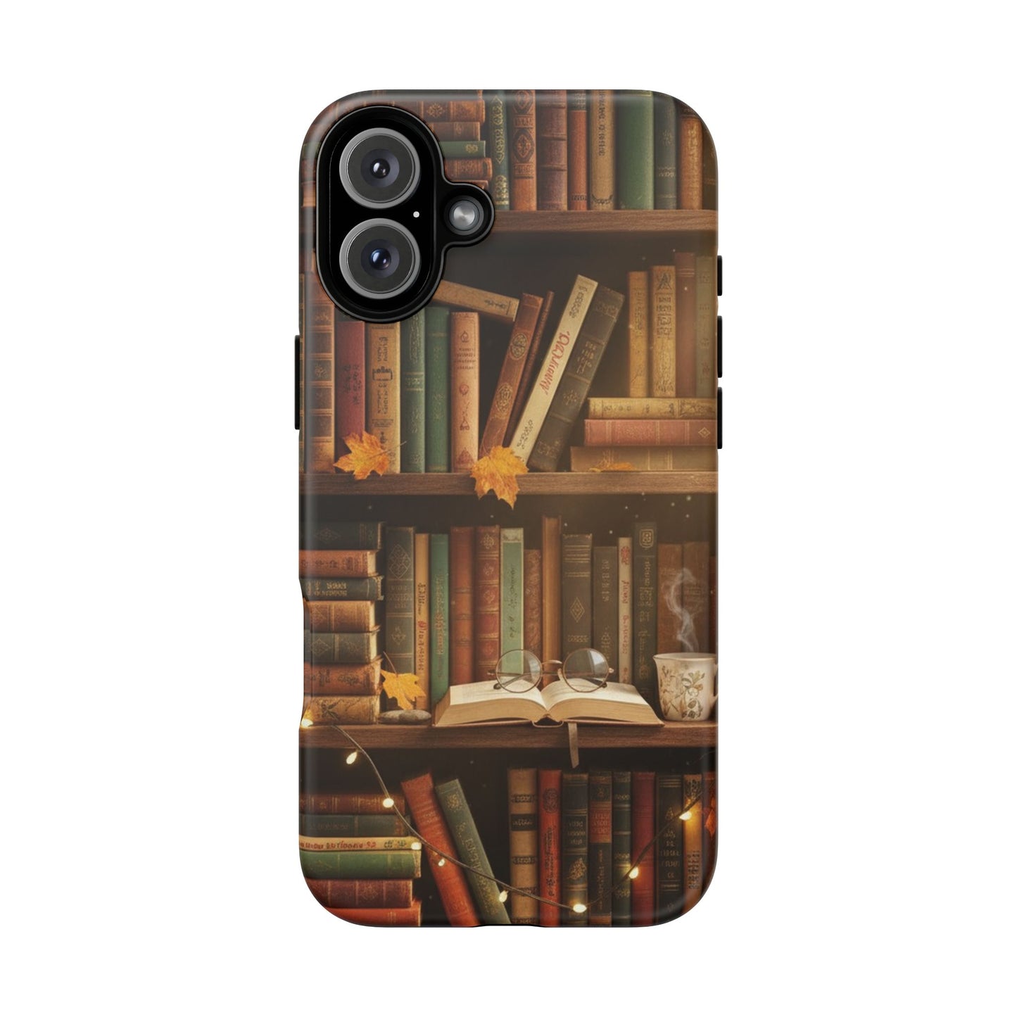 Cozy Vintage Bookshelf Phone Case, Library Aesthetic Book Stack, Autumn Coffee Vibes (iPhone, Samsung, Pixel)