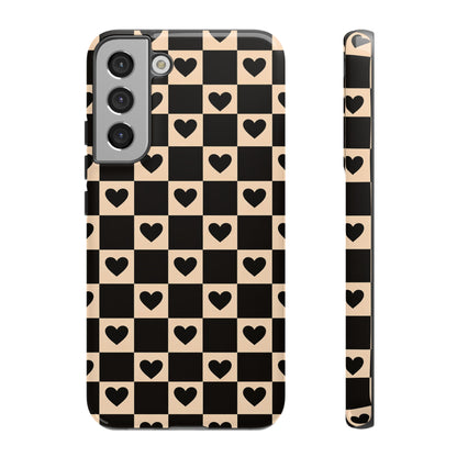 Checkerboard Heart Phone Case – Black & Beige Cute Aesthetic Protective Cover for Iphone, Samsung Galaxy and Pixel