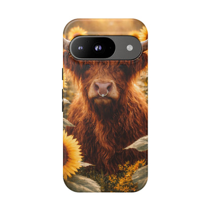 Highland Cow Sunflower Phone Case | Floral Farmhouse iPhone, Samsung Galaxy and Pixel Cover
