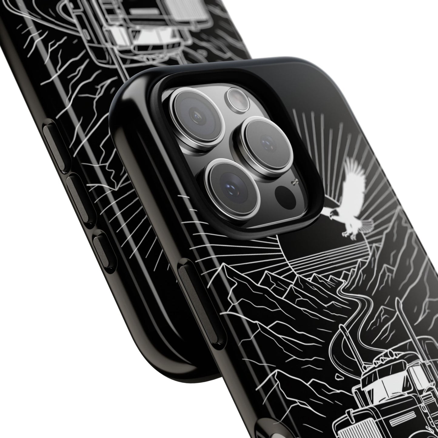 Trucker Highway Phone Case | Eagle & Mountain Line Art | Black Western Tough Case
